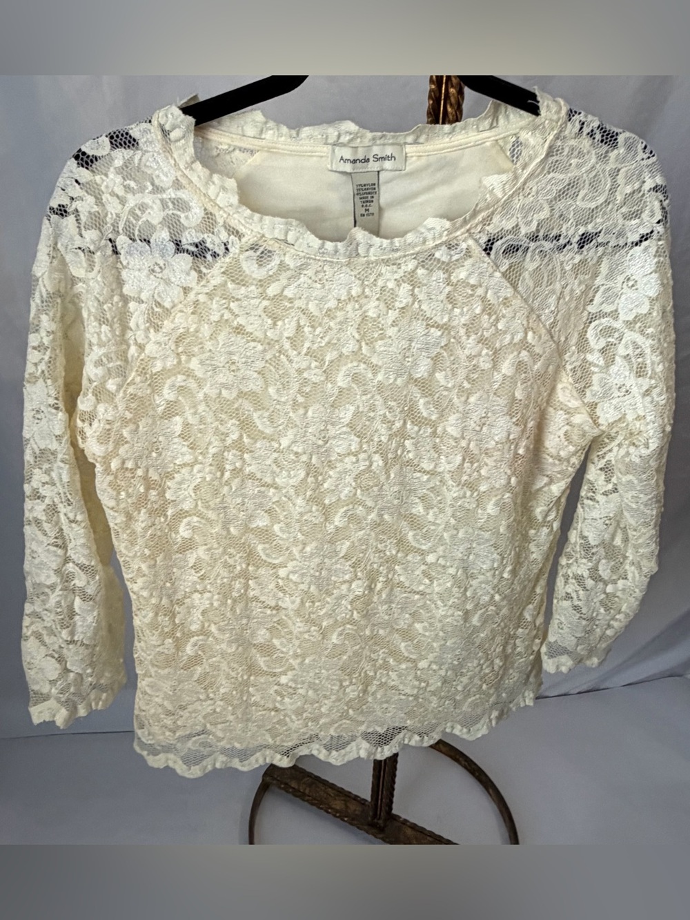 Vintage 90s Y2K Amanda Smith Cream Floral Lace Raglan Sleeve Top M